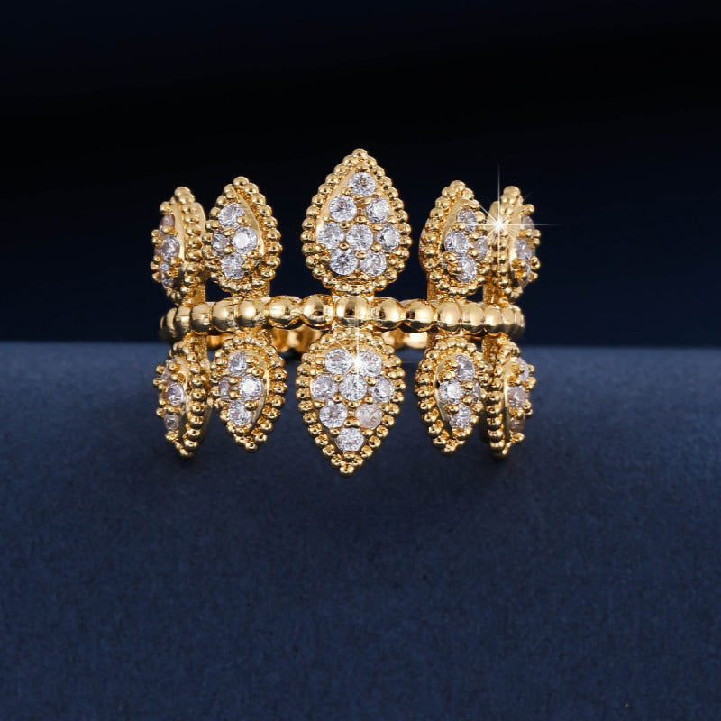 Three-dimensional Leaf Open Ring For Women In Copper With Zircon Inlay, Available In Gold