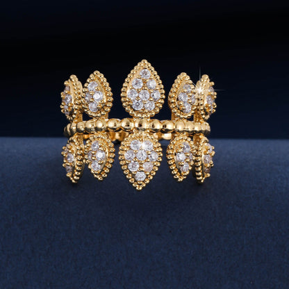 Three-dimensional Leaf Open Ring For Women In Copper With Zircon Inlay, Available In Gold