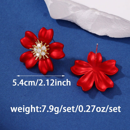 Elegant Red Flowers Stud Earrings For Women Featuring Copper Material