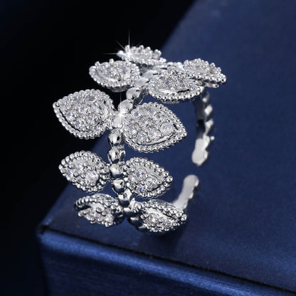 Three-dimensional Leaf Open Ring For Women In Copper With Zircon Inlay, Available In Gold