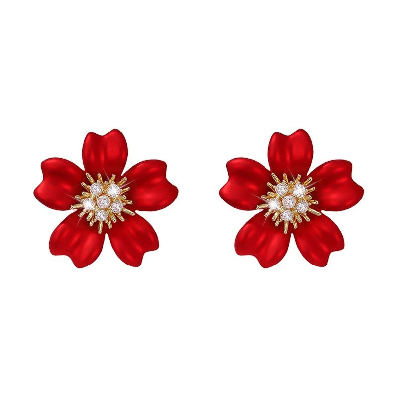 Elegant Red Flowers Stud Earrings For Women Featuring Copper Material