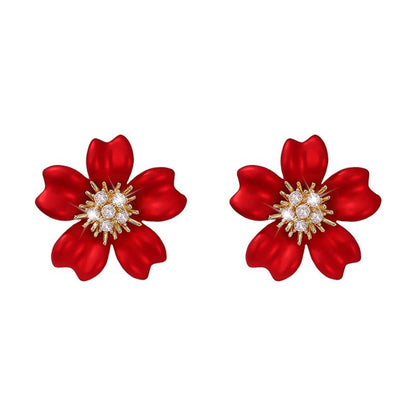 Elegant Red Flowers Stud Earrings For Women Featuring Copper Material