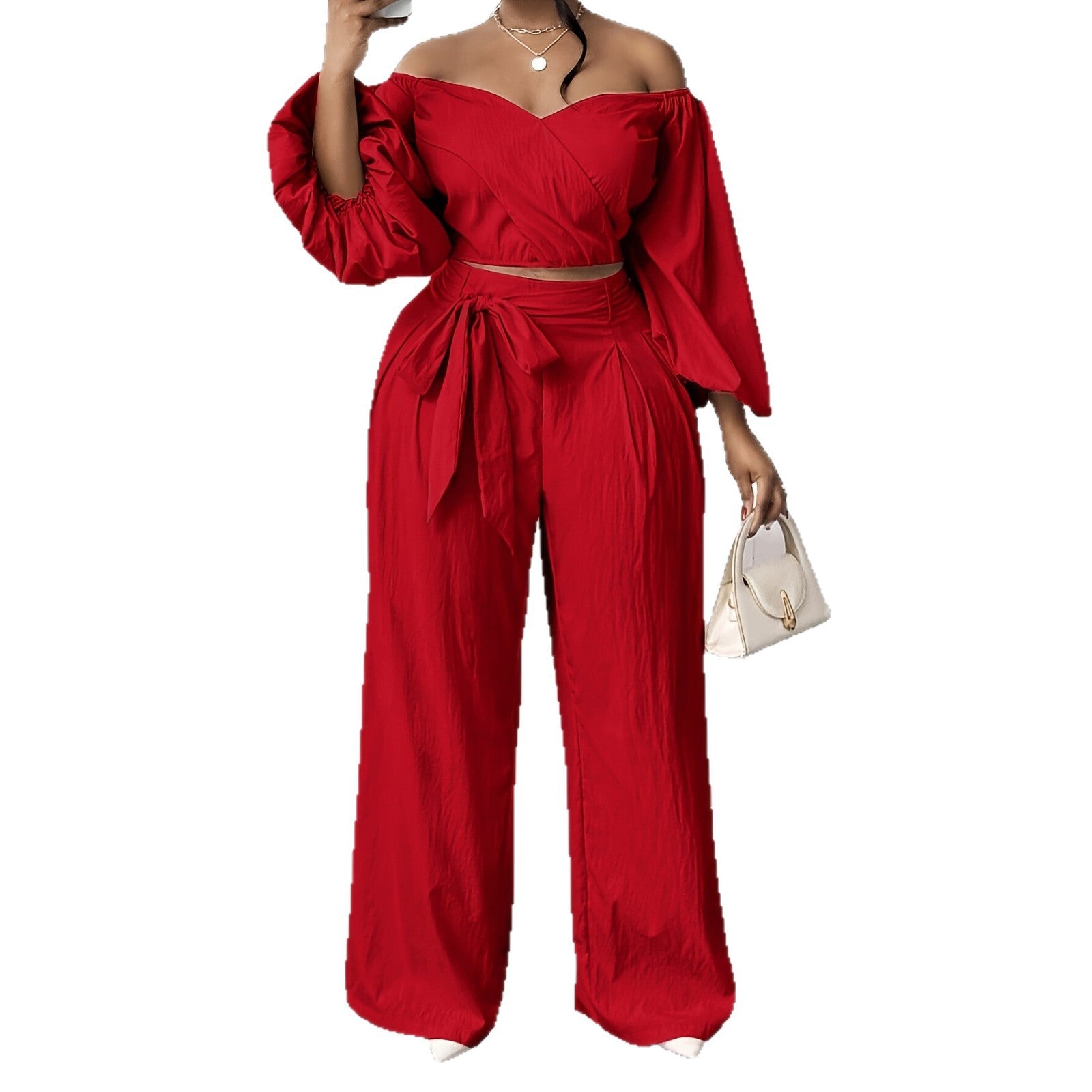 Solid Color Nylon Straight Pants Pant Co-ord Set For Women In Simple Style With Tie Closure And Straps
