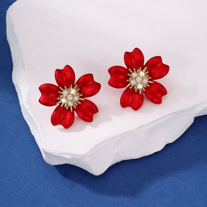 Elegant Red Flowers Stud Earrings For Women Featuring Copper Material
