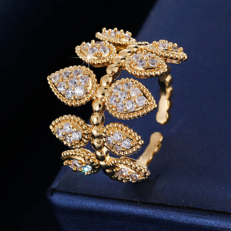Three-dimensional Leaf Open Ring For Women In Copper With Zircon Inlay, Available In Gold