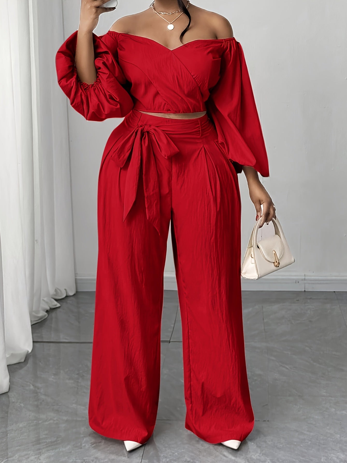 Solid Color Nylon Straight Pants Pant Co-ord Set For Women In Simple Style With Tie Closure And Straps