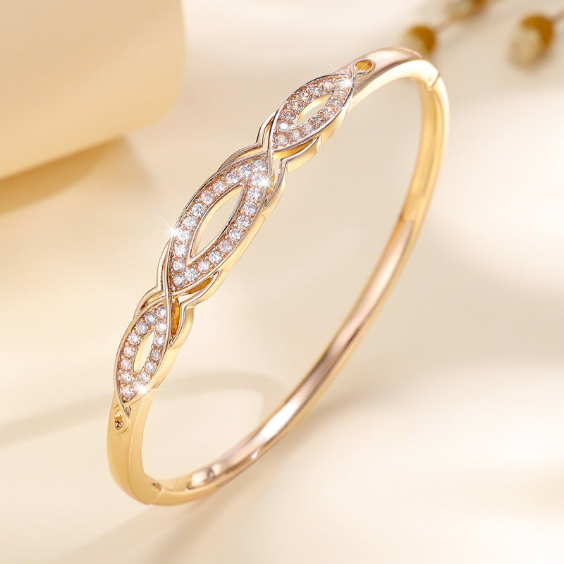 Simple Style Women’s Copper Bangle With Zircon Inlay In Elegant Gold