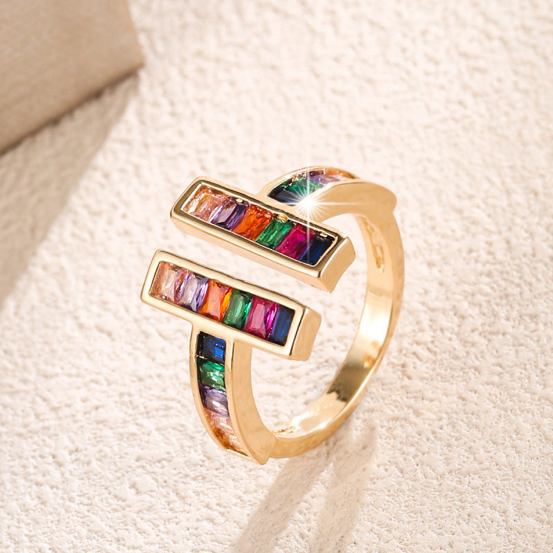 Geometric Open Rings For Women In Gold Electroplated Copper With Zircon Inlay