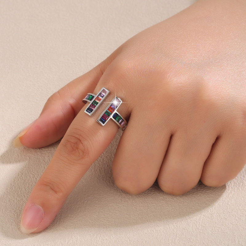 Geometric Open Rings For Women In Gold Electroplated Copper With Zircon Inlay