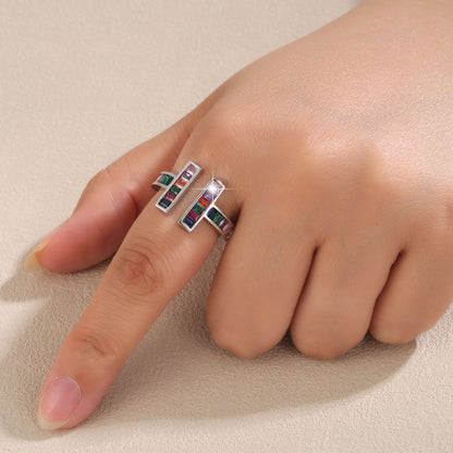 Geometric Open Rings For Women In Gold Electroplated Copper With Zircon Inlay