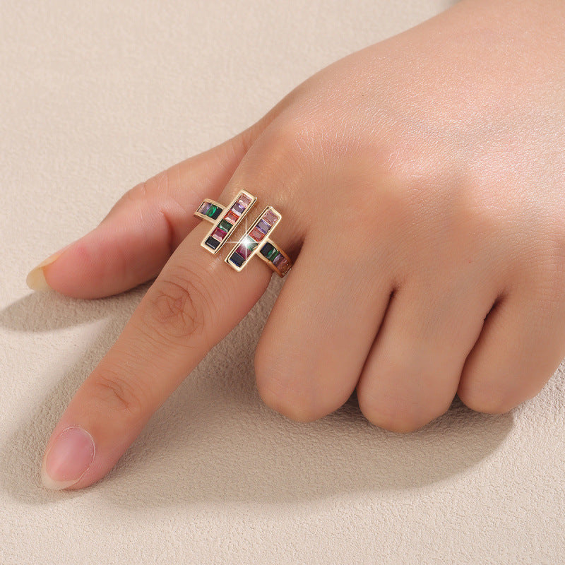 Geometric Open Rings For Women In Gold Electroplated Copper With Zircon Inlay