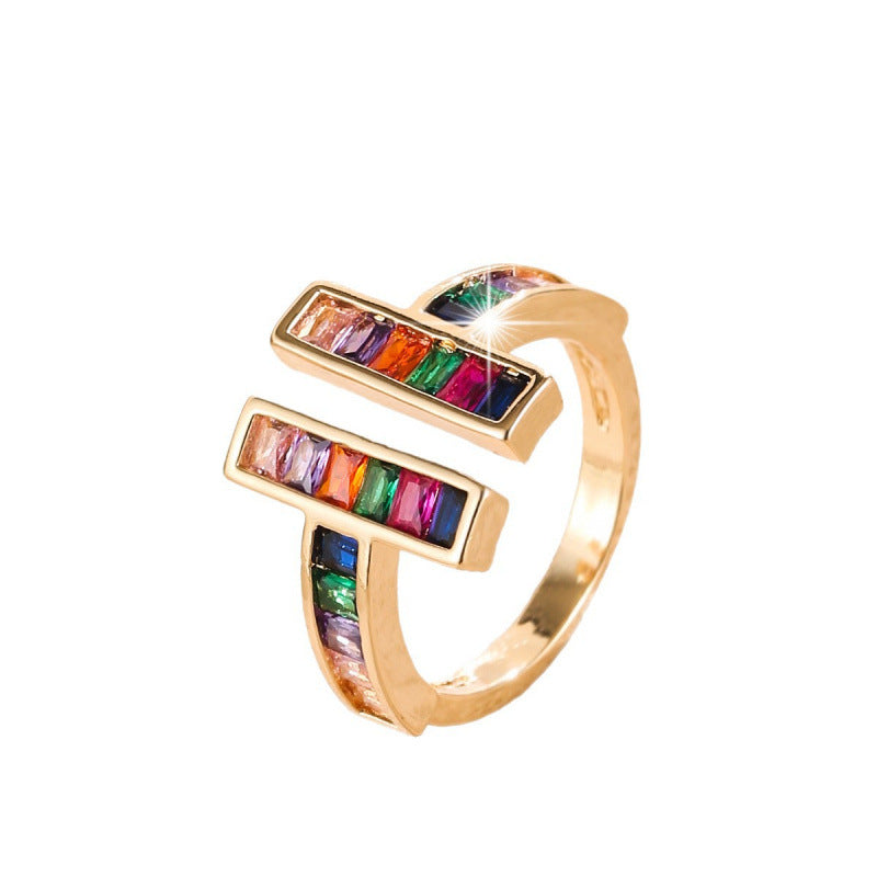 Geometric Open Rings For Women In Gold Electroplated Copper With Zircon Inlay