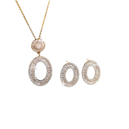 Hip-Hop Circle Jewelry Set For Women In Platinum Plated Copper With Zircon Inlay And Cable Chain