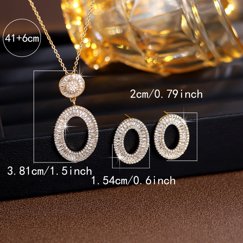 Hip-Hop Circle Jewelry Set For Women In Platinum Plated Copper With Zircon Inlay And Cable Chain