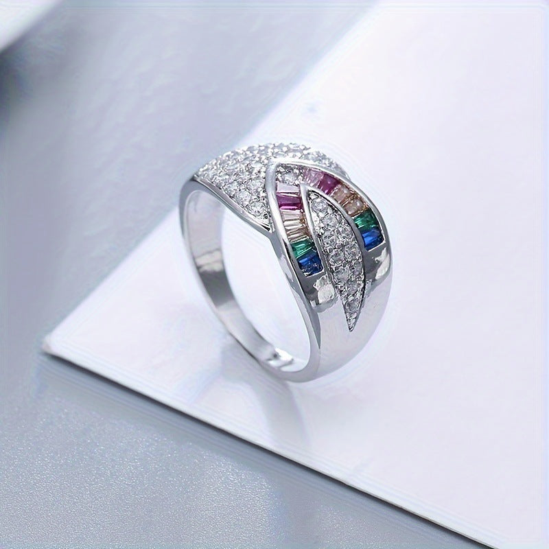 Simple Style Rainbow Open Rings For Women, Golden Plated Copper With Zircon Inlay, Electroplated Finish