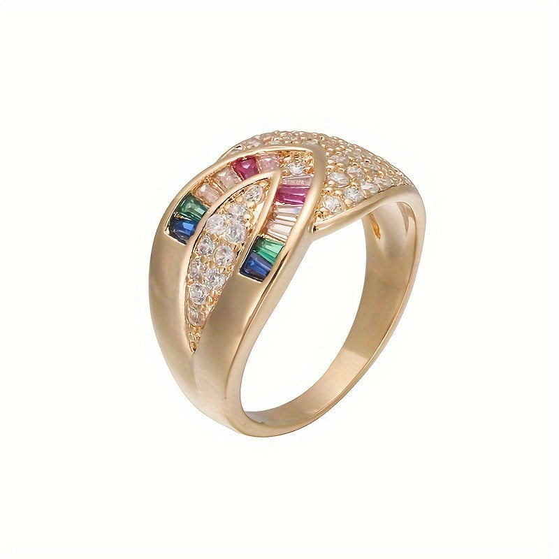 Simple Style Rainbow Open Rings For Women, Golden Plated Copper With Zircon Inlay, Electroplated Finish