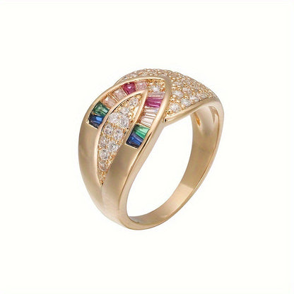 Simple Style Rainbow Open Rings For Women, Golden Plated Copper With Zircon Inlay, Electroplated Finish