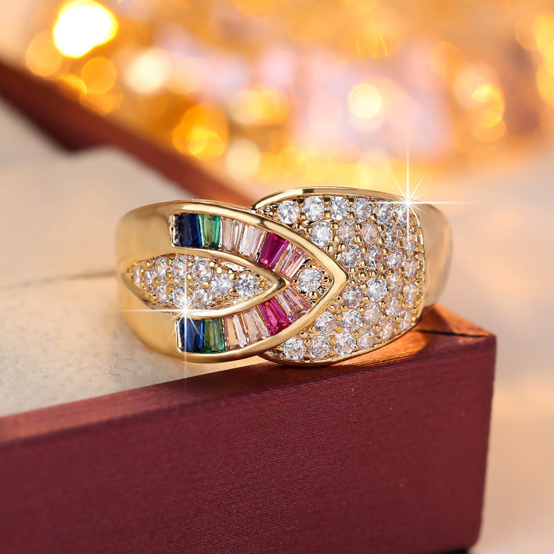 Simple Style Rainbow Open Rings For Women, Golden Plated Copper With Zircon Inlay, Electroplated Finish