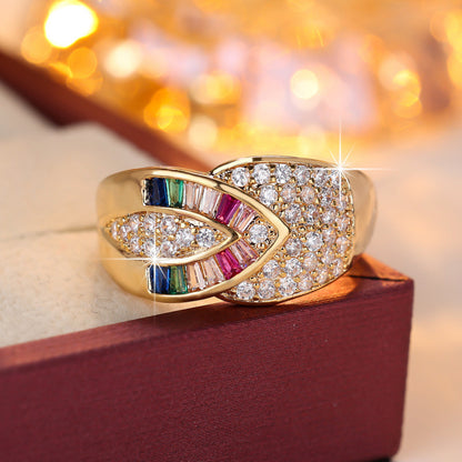 Simple Style Rainbow Open Rings For Women, Golden Plated Copper With Zircon Inlay, Electroplated Finish