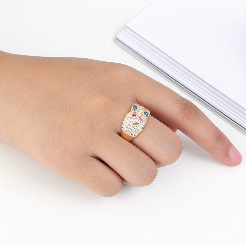 Simple Style Rainbow Open Rings For Women, Golden Plated Copper With Zircon Inlay, Electroplated Finish