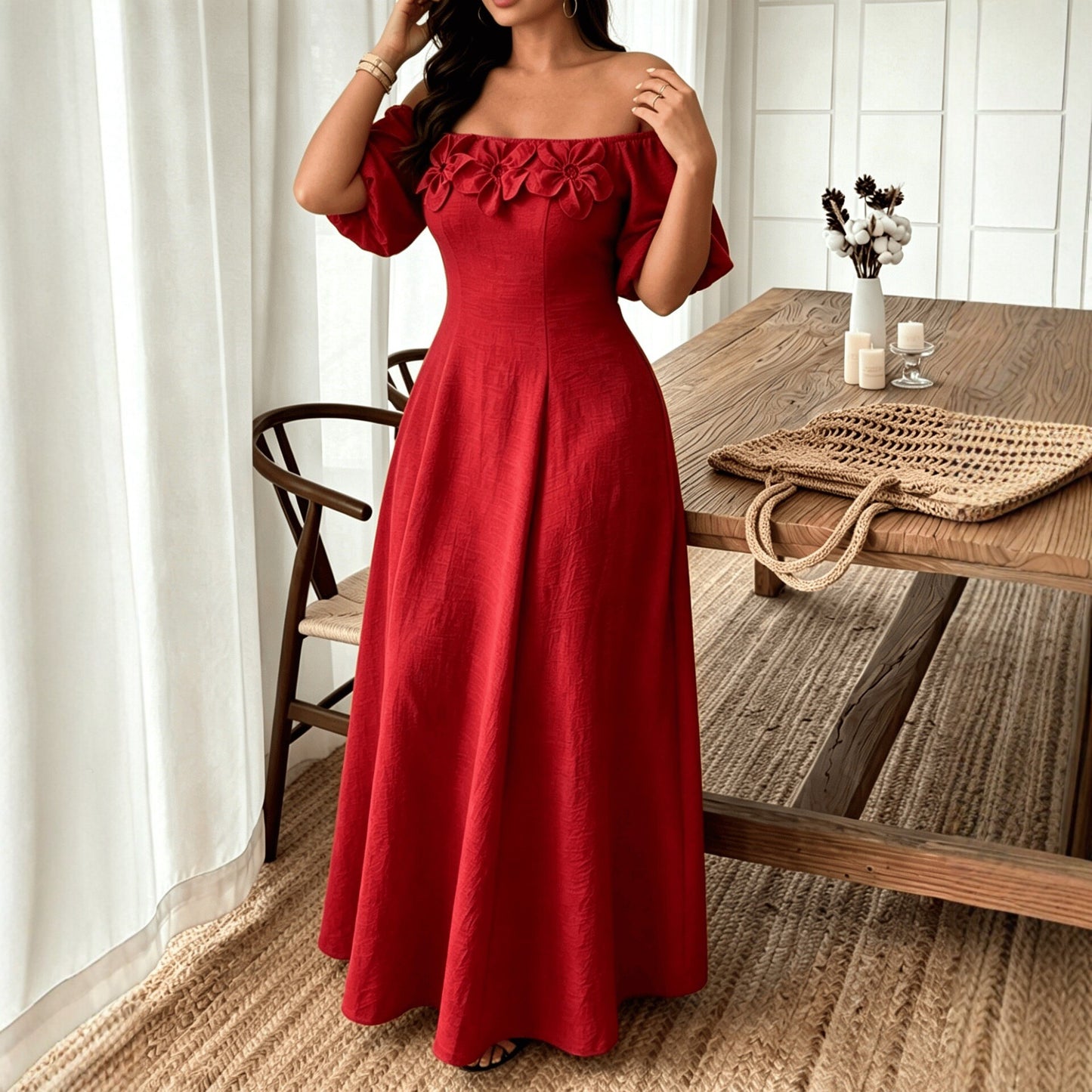 Women’s Vacation A-Line Skirt Dress With Boat Neck In Floral Pattern, Perfect For Travel, Made Of Polyester