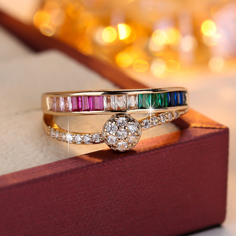 Simple Style Flowers Copper Ring For Women With Zircon Inlay In Gold
