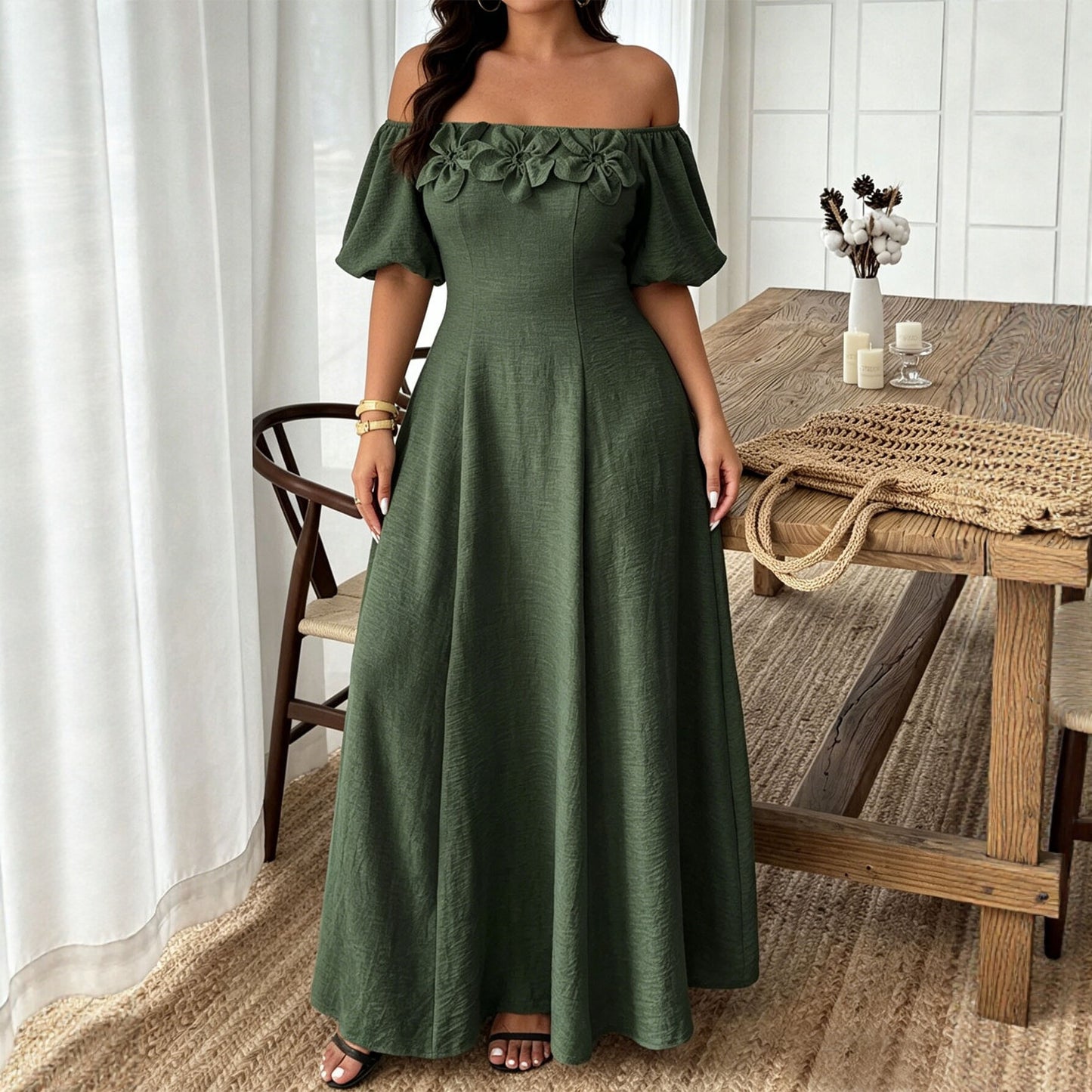 Women’s Vacation A-Line Skirt Dress With Boat Neck In Floral Pattern, Perfect For Travel, Made Of Polyester