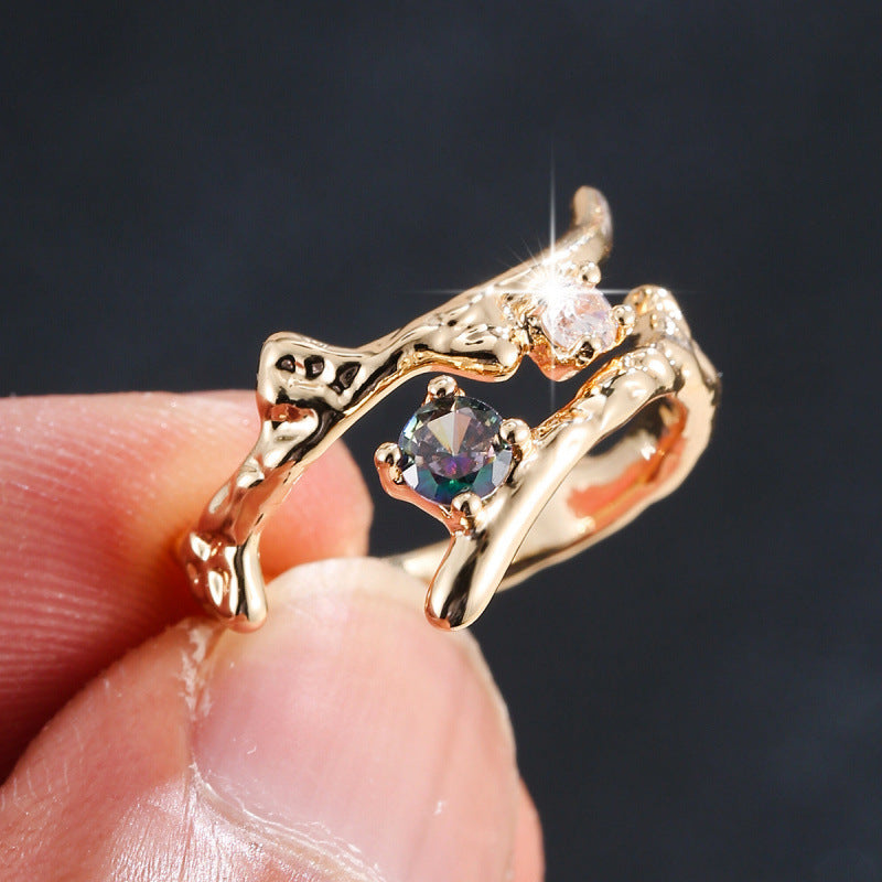 Women’s Open Rings Tree Pattern Copper Ring With Zircon Inlay In Gold, Perfect For Spring