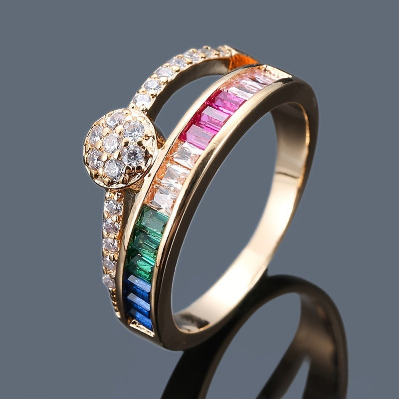 Simple Style Flowers Copper Ring For Women With Zircon Inlay In Gold