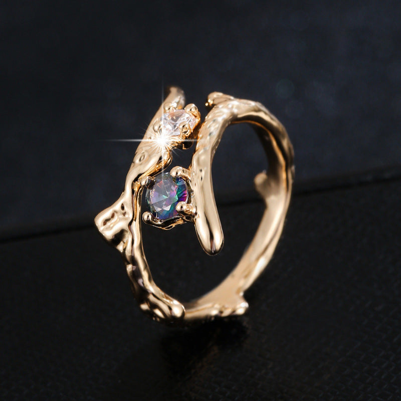 Women’s Open Rings Tree Pattern Copper Ring With Zircon Inlay In Gold, Perfect For Spring
