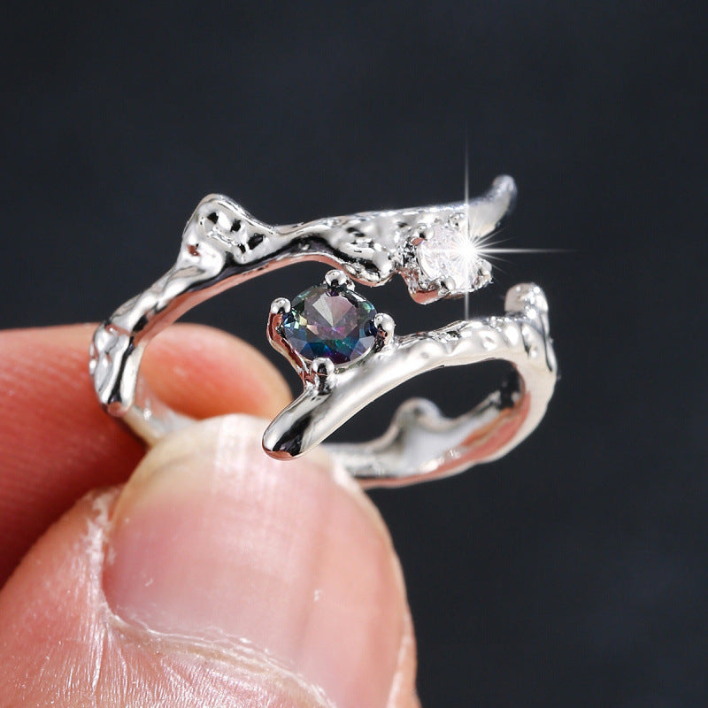 Women’s Open Rings Tree Pattern Copper Ring With Zircon Inlay In Gold, Perfect For Spring