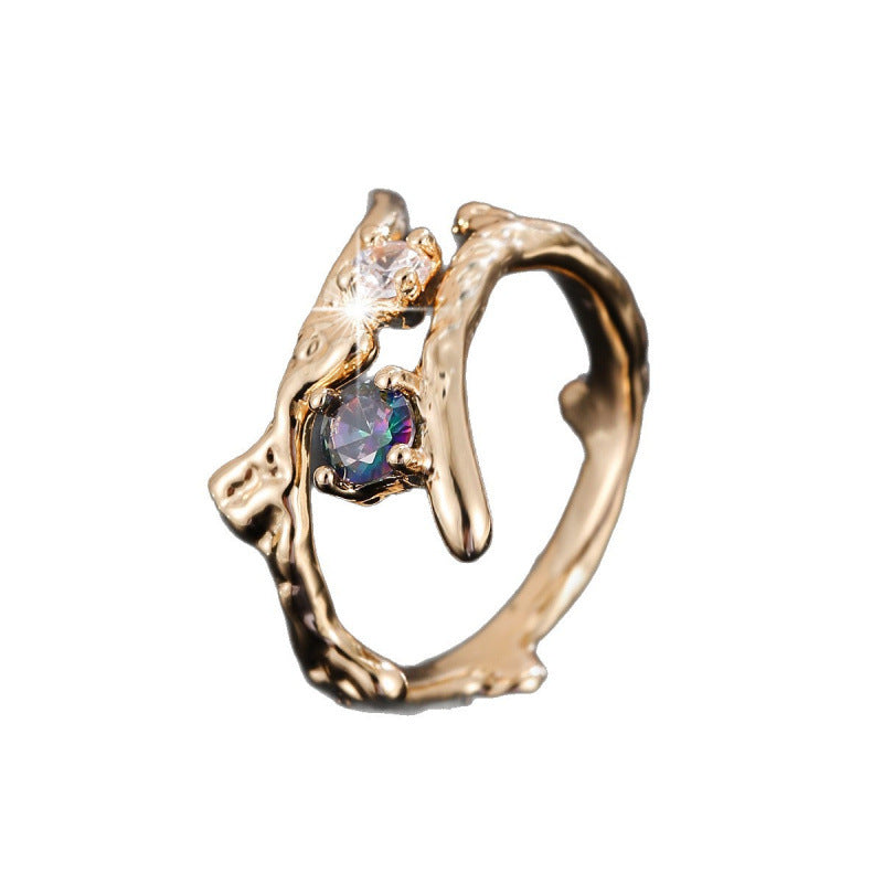 Women’s Open Rings Tree Pattern Copper Ring With Zircon Inlay In Gold, Perfect For Spring