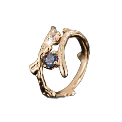 Women’s Open Rings Tree Pattern Copper Ring With Zircon Inlay In Gold, Perfect For Spring