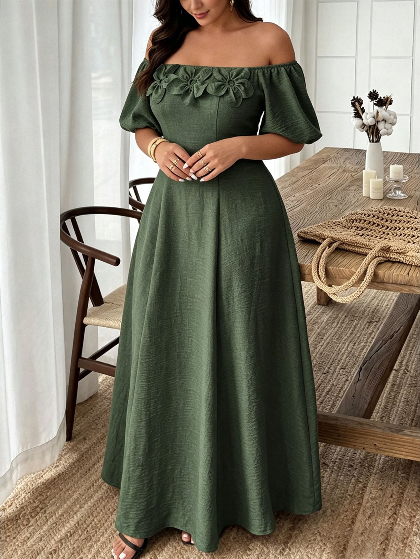 Women’s Vacation A-Line Skirt Dress With Boat Neck In Floral Pattern, Perfect For Travel, Made Of Polyester