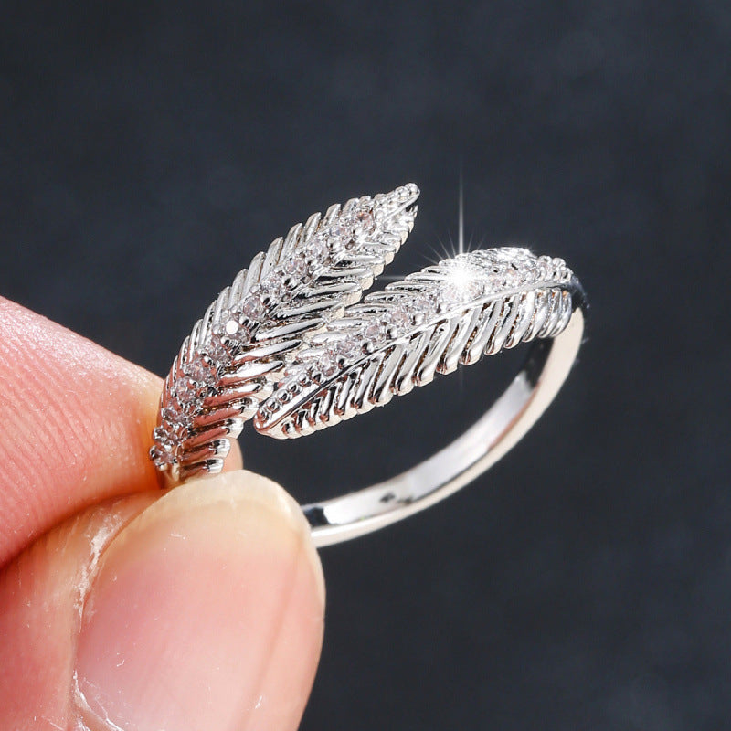 Feather Open Ring For Women In Copper With Zircon Inlay, Gold Color, Perfect For Daily Wear