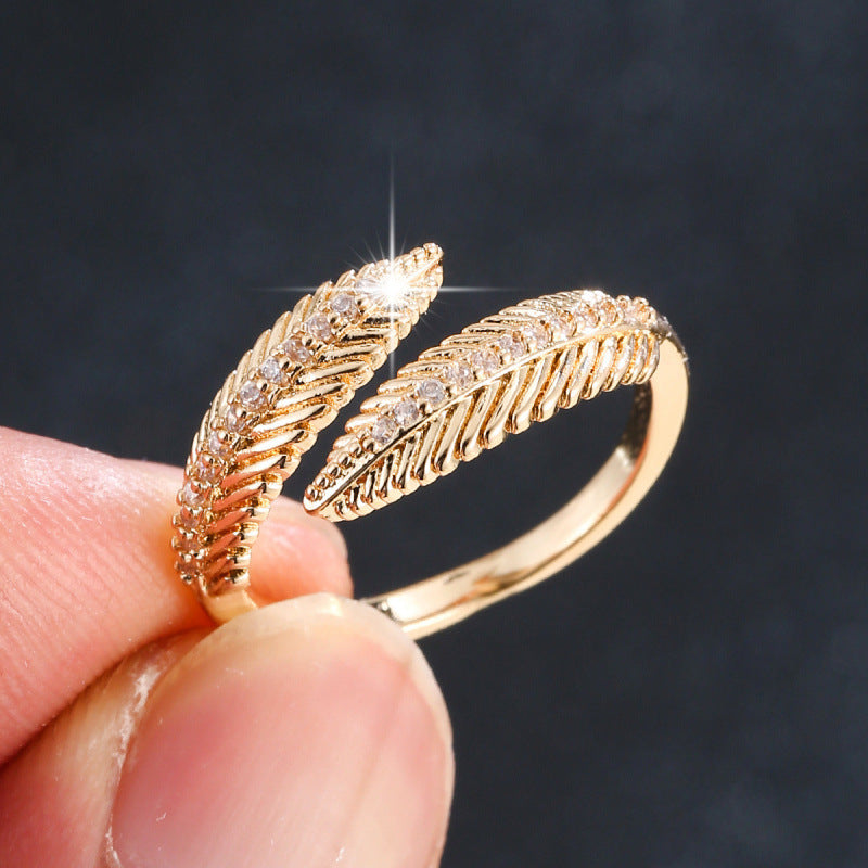Feather Open Ring For Women In Copper With Zircon Inlay, Gold Color, Perfect For Daily Wear