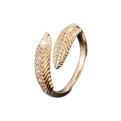 Feather Open Ring For Women In Copper With Zircon Inlay, Gold Color, Perfect For Daily Wear