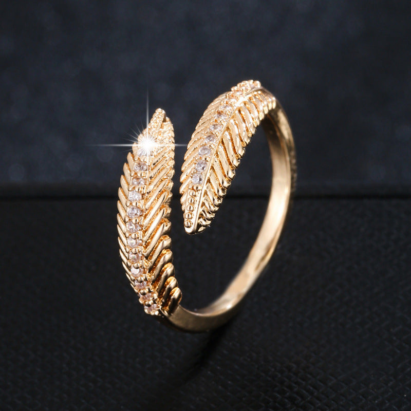 Feather Open Ring For Women In Copper With Zircon Inlay, Gold Color, Perfect For Daily Wear