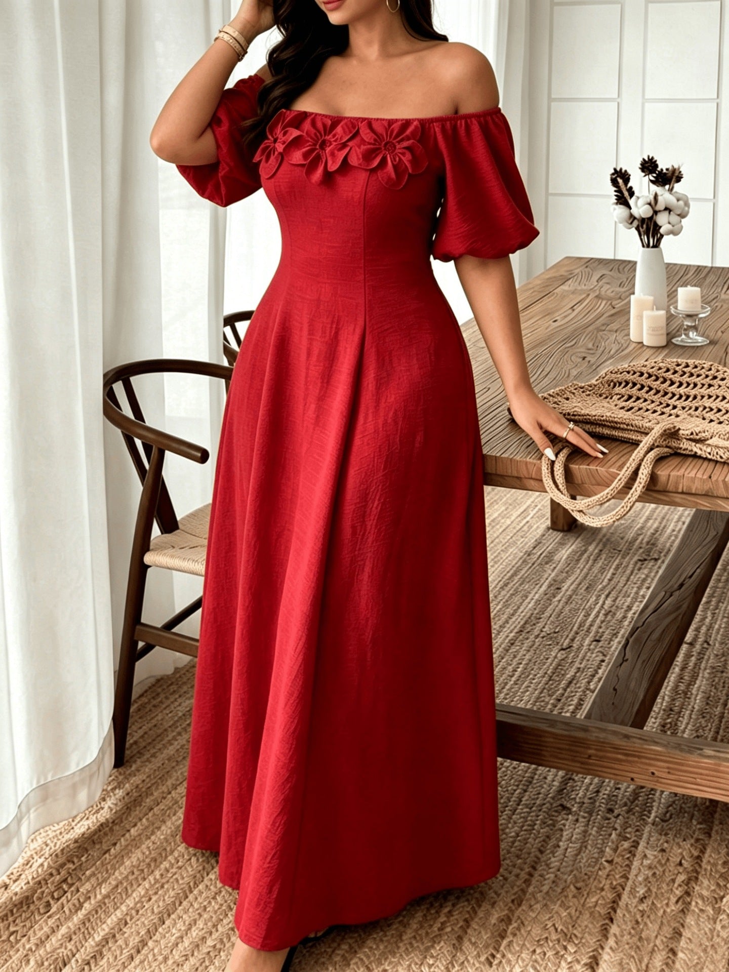 Women’s Vacation A-Line Skirt Dress With Boat Neck In Floral Pattern, Perfect For Travel, Made Of Polyester