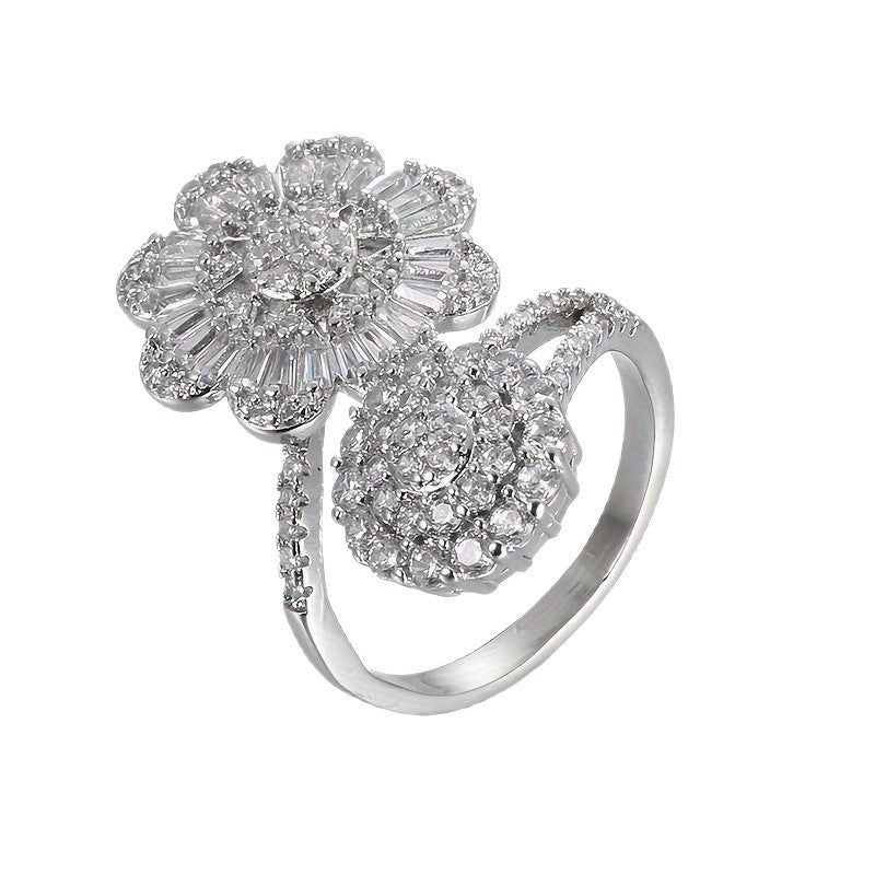 Elegant Flowers Open Ring For Women In Electroplated Copper With Zircon Inlay