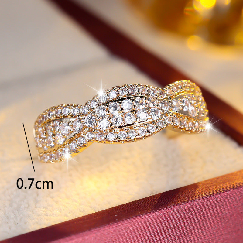 Women’s Copper Crossover Rings With Twist Design Featuring Zircon Inlay In Gold