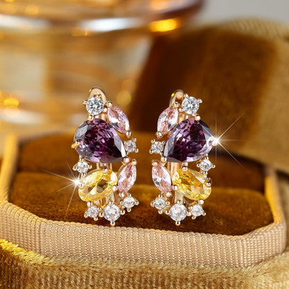 Geometric Clip Earrings For Women In Champagne Featuring Copper Studs And Zircon Inlay