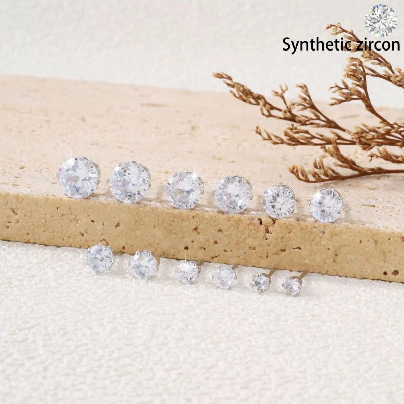 Round Stud Earrings For Women Featuring Claw Setting With Zircon Inlay And Copper Ear Pins