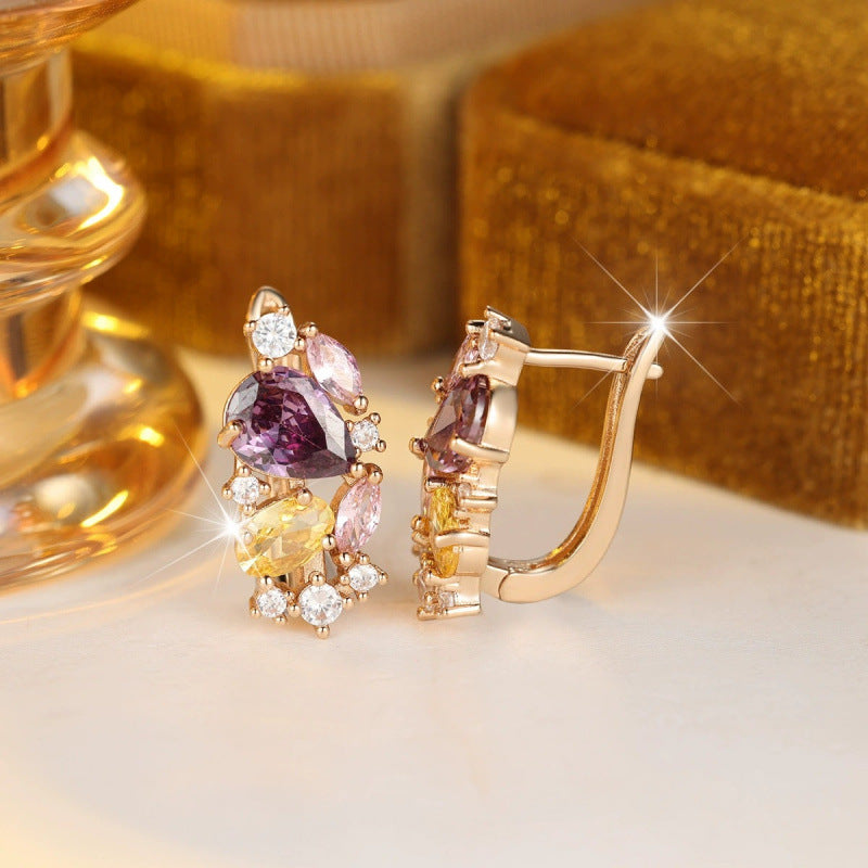 Geometric Clip Earrings For Women In Champagne Featuring Copper Studs And Zircon Inlay