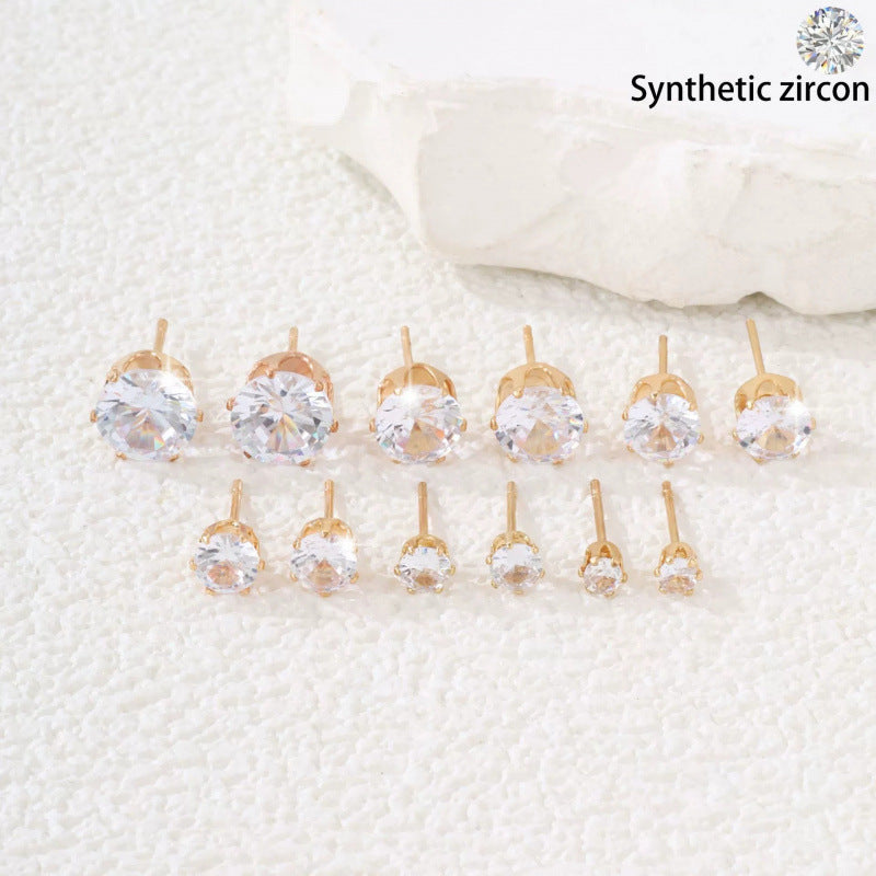 Round Stud Earrings For Women Featuring Claw Setting With Zircon Inlay And Copper Ear Pins