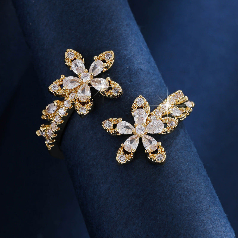 Elegant Flowers Open Ring For Women In Gold Copper With Zircon Inlay