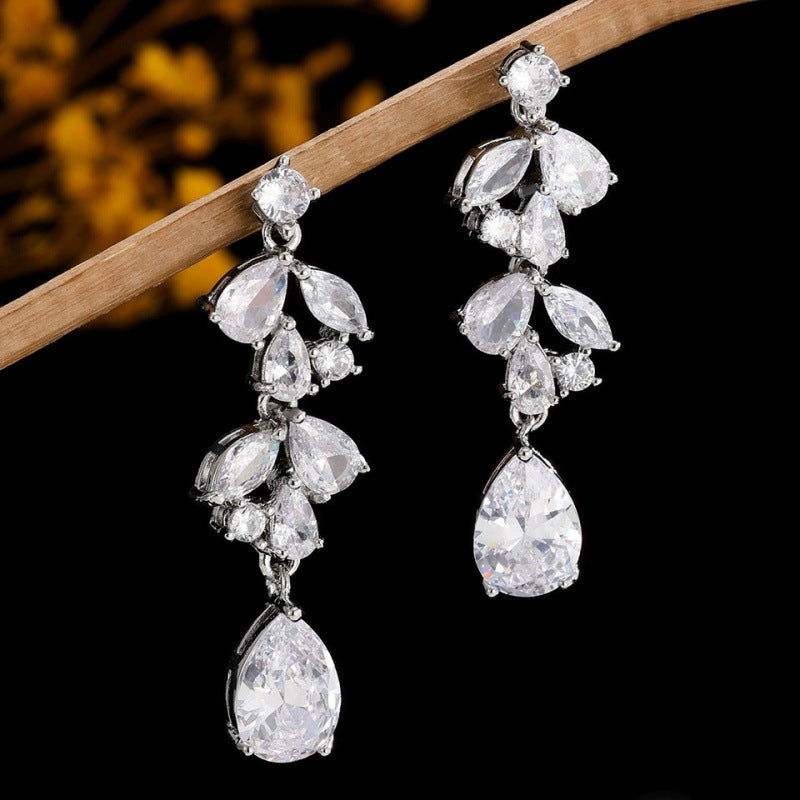 Water Droplets Drop Earrings For Women Featuring Copper Studs And Rhinestone Inlay, Perfect For Wedding Season