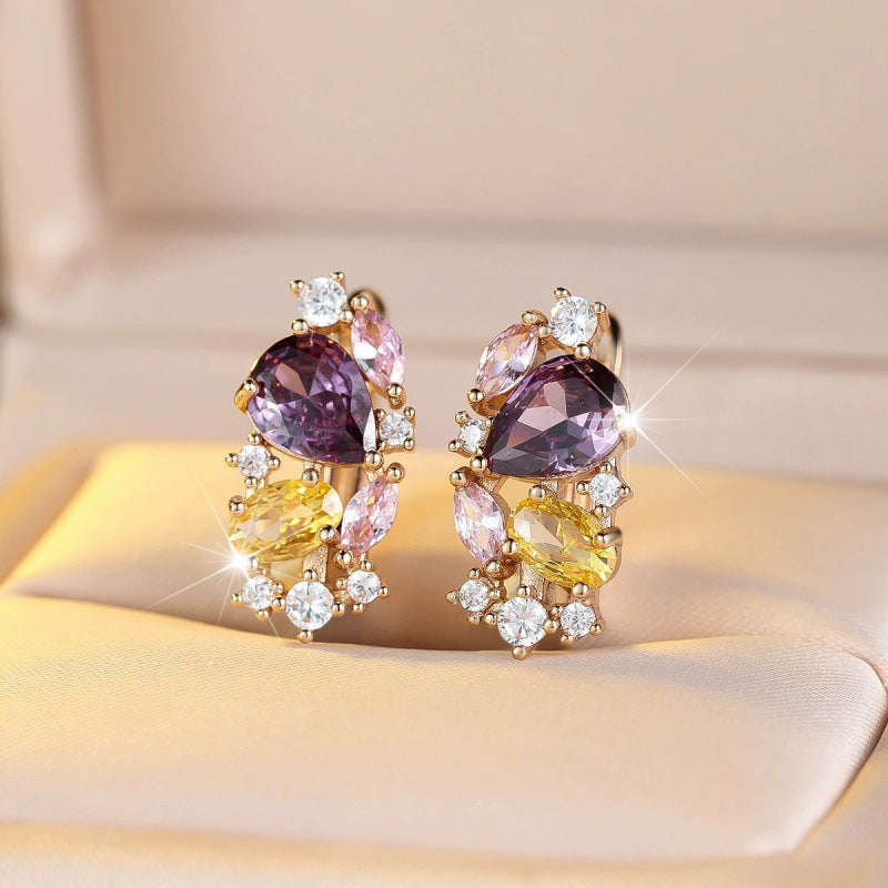 Geometric Clip Earrings For Women In Champagne Featuring Copper Studs And Zircon Inlay