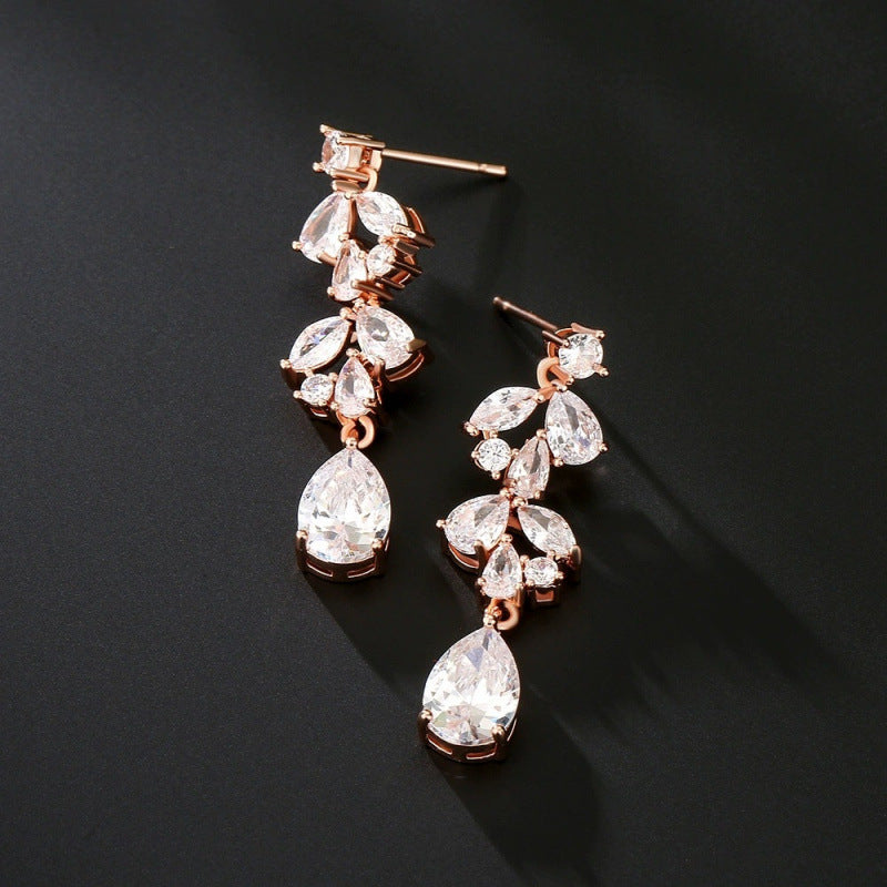Water Droplets Drop Earrings For Women Featuring Copper Studs And Rhinestone Inlay, Perfect For Wedding Season