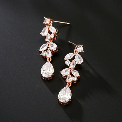 Water Droplets Drop Earrings For Women Featuring Copper Studs And Rhinestone Inlay, Perfect For Wedding Season